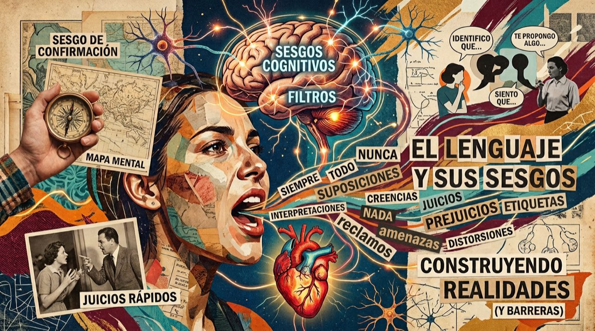 Collage sobre el lenguaje y sus sesgos: un rostro hablando, un cerebro atravesado por filtros y palabras sueltas como siempre, nunca, suposiciones y prejuicios.